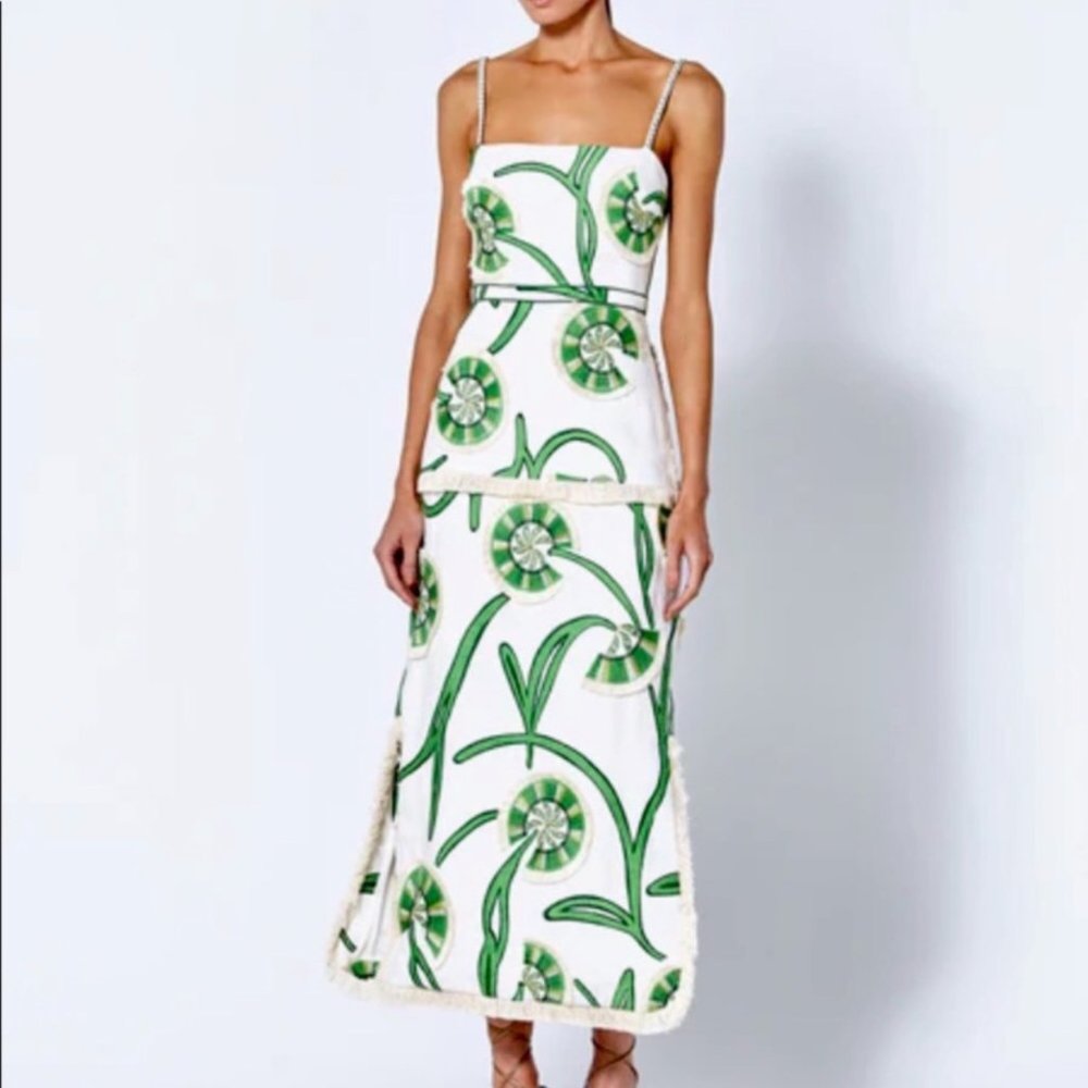 ALEXIS Green Boquet Embroidered Linen Maxi Dress